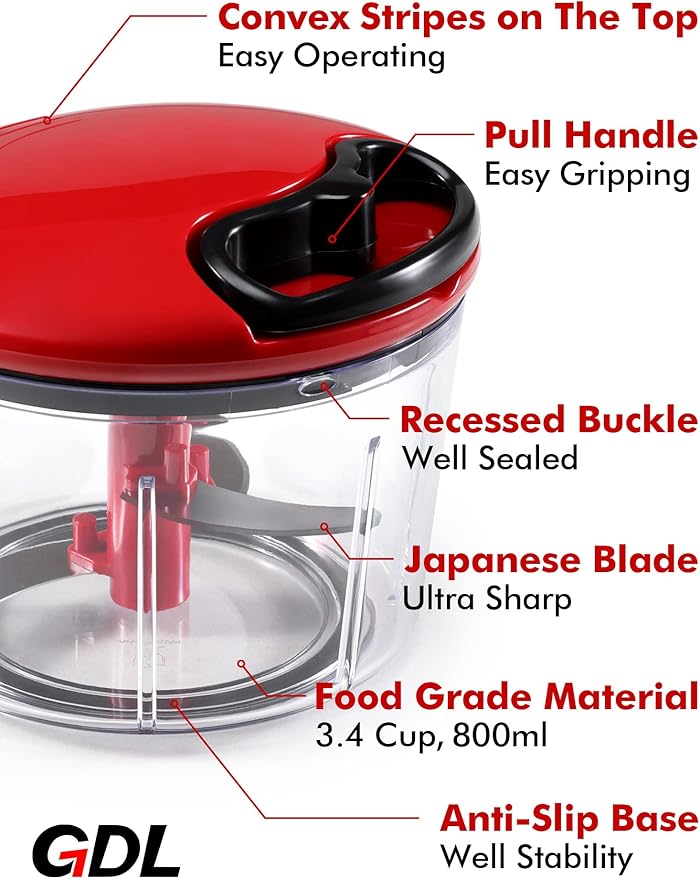 GDL Food Chopper, Pull Onion Chopper Dicer, Hand Powered Food Mincer, Fast Cutting Hand Chopper for Oinon, Garlic, Nut, 3.4 Cups 0.8L, Red