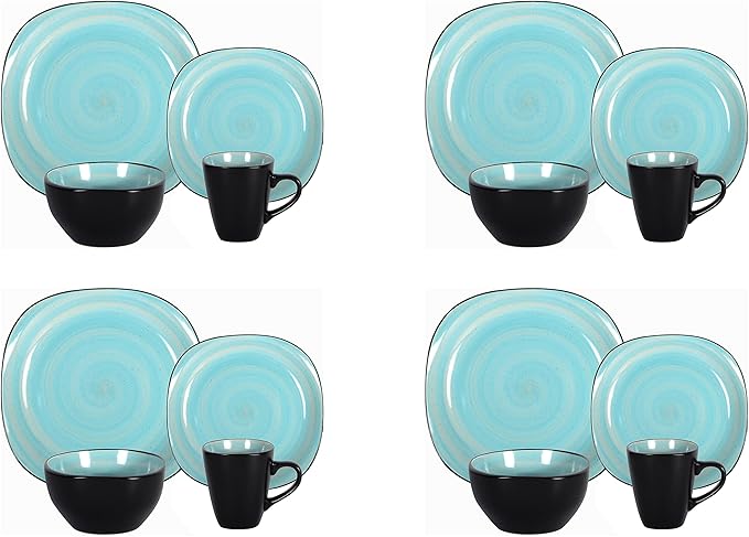 Stoneware Square 16pc Dinnerware Set, Inside Spinwaseh Swirl Turquoise + Outside Black