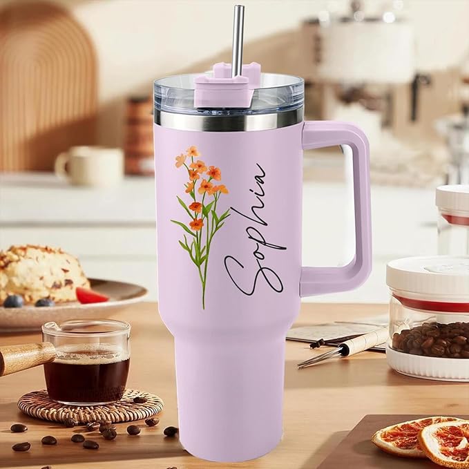 Personalized 40 Oz Tumbler with Handle and Straw, Custom Cup with Name & Birth Flower, Stainless Steel Travel Coffee Tumbler,Personalized Christmas Birthday Gifts for Women, Teen Girls