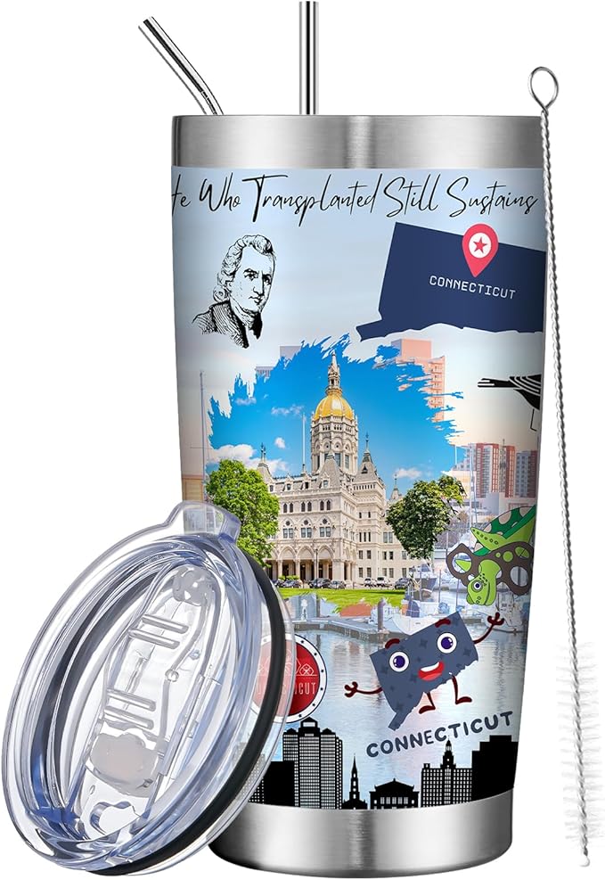 20oz Insulated Tumbler Connecticut State Coffee Mug, United States Map Travel Mug Landmark, Birthday Gifts Cute Custom Tumbler Cups with Lid and Straw Mothers Day Gifts
