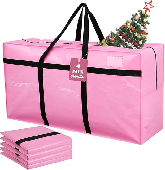 4 Pcs 66 Gallon Large Moving Bags with Zipper and Handles Foldable Storage Duffle Bags Heavy Duty Extra Large Totes for College Dorm Travel Clothes Blankets Bedding Moving (Pink)