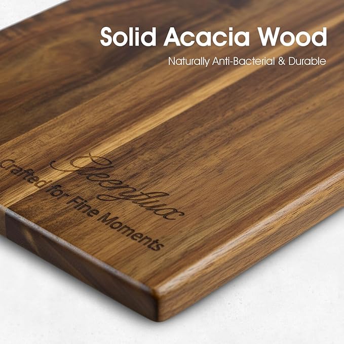 Acacia Wood Charcuterie & Cutting Board with Handle, High-Quality Multi-Purpose Cheese Serving Board with Clear Grain and Warm Natural Color - Ideal for Steak, Appetizers, Snacks & Kitchen Gift Giving