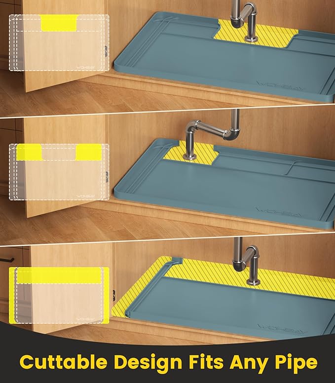 Under Sink Mats for Kitchen Waterproof, 34" X 22" Or Smaller Cut to Fit Under Sink Drip Tray for Kitchen Bathroom Cabinets, Silicone Sink Liner Hold Up to 3.3 Gallons Liquid - Teal