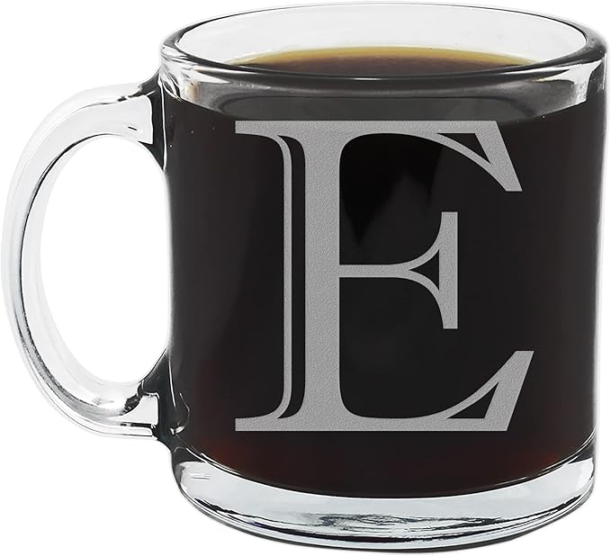 Spotted Dog Company Etched Monogram 12oz Clear Glass Coffee Mug (Letter E), A-Z Customized Coffee Gifts, Custom Engraved Gifts for Women Her, Personalized Gift for Men, Initial