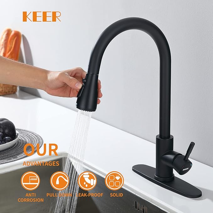Keer Matte Black Single Handle Pull Down Kitchen Faucet with Soap Dispenser, 3 Modes Sprayer, Deep Plating Metal Finish, Easy Assembly, 20-Inch