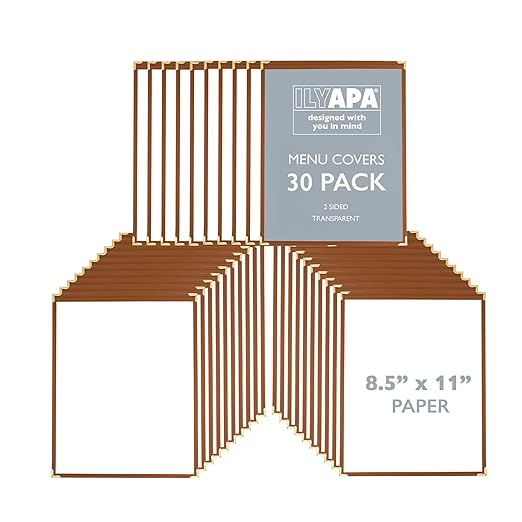 Ilyapa Saddle Brown 30 Pack of Menu Covers 8.5 x 11 Inch - Single Page, 2 View Restaurant Menu Covers, Double Stitched Sleeves, Vegan Faux Leather