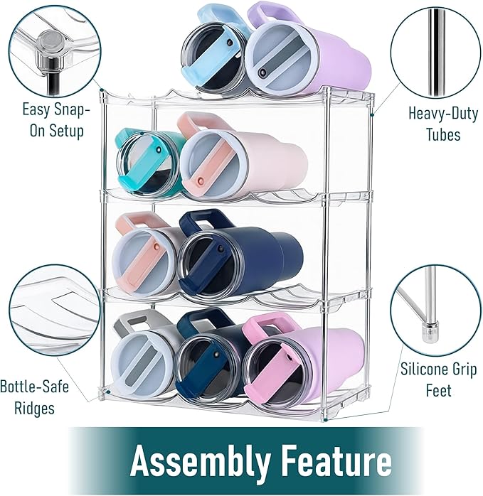 Water Bottle Organizer Stackable 4 Tier Rack for 32oz - 40oz Water Bottle Storage, Travel Mugs & Wine Clear Bottle Organizer, BPA Free Plastic and Water Bottle Holder for Cabinet, Fridge & countertop