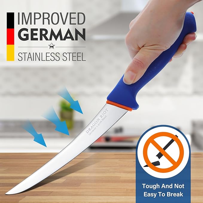 DRAGON RIOT 6 Inch Boning Knife, Flexible Curved Blade Processing Knife for Brisket Meat Trimming and Fish Filleting