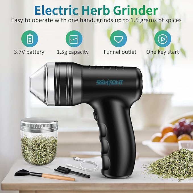 Electric Herb Grinder – USB Rechargeable Automatic Grinder with Digital Display | 1.5 g Single Grinding | Perfect for Kitchen Herb Grinders & Spice Grinding | Includes Storage Jars & Funnels