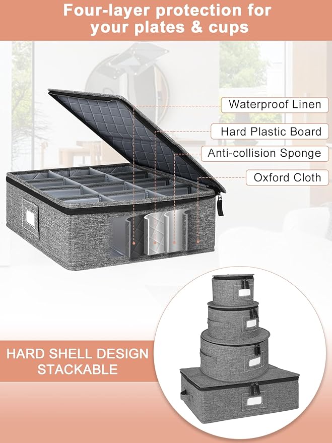 Cirhy Reinforced China Storage Containers, 5-Piece Dinnerware & Mug Organizer Set with Quilted Padding and Felt Dividers, Stackable Boxes for Dishes, Cups & Fine China, Ideal for Moving and Kitchen