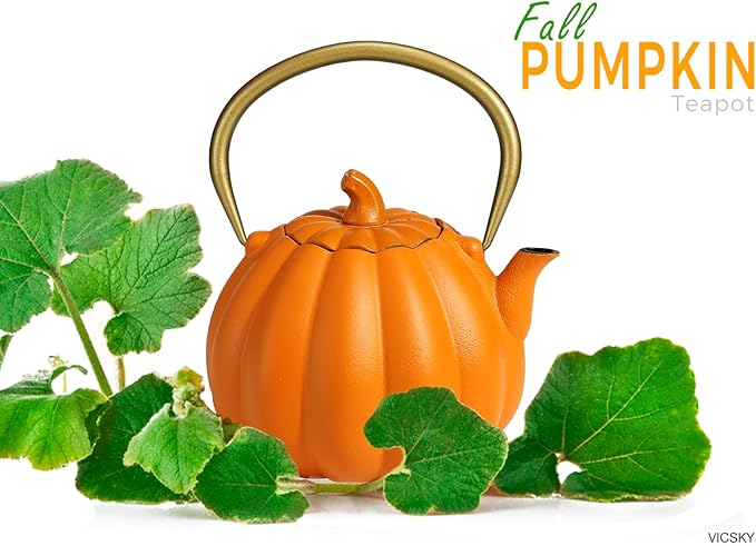 VICSKY Orange Pumpkin Cast Iron Teapot, Natural Pumpkin Color, Japanese Cast Iron Tea Kettle Stovetop Safe with Infuser, Cute Creative Pumpkin Halloween Teapot(40oz/1200ml, Orange)