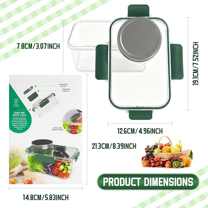 Upgrade Salad Container with Dressing Cup & Fork - Leakproof Airtight Salad Pod, BPA-Free & Dishwasher Safe, 8.27×5.5×4.33in Compact Meal Prep Container for Office/Picnic (Green)