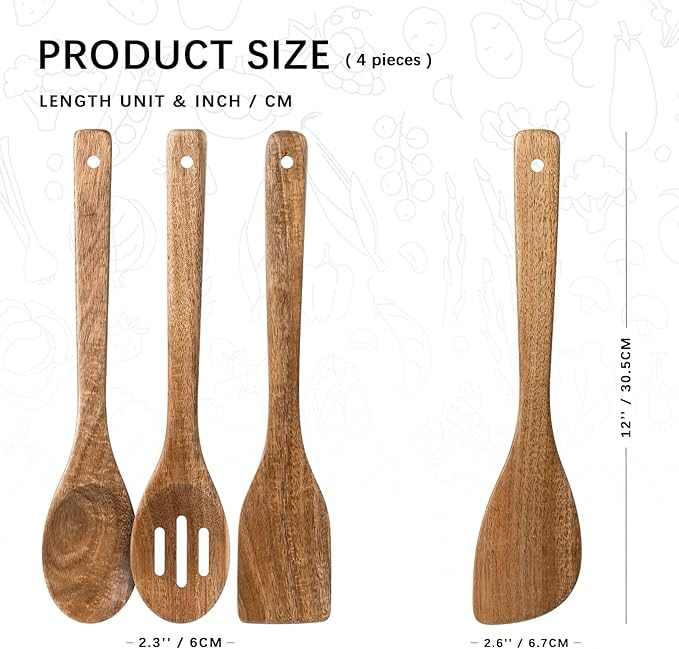 Wooden Spoons for Cooking, 4-Piece Wood Utensil Set Includes Slotted Spoon, Spoon & Wooden Spatula for Cooking – Acacia Wood Kitchen Utensil Set – 12 Inch Hardwearing Tools