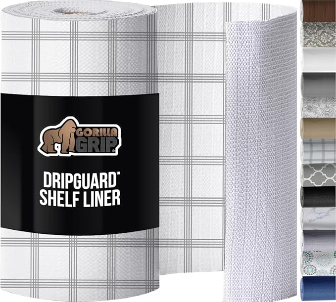 GORILLA GRIP DripGuard Shelf Liner, Non Adhesive Drawer and Kitchen Cabinet Protector, Slip Resistant BPA Free Smooth Surface Plastic Liners for Cabinets, Bathrooms, Closets, 12x240 Inch, White Stripe