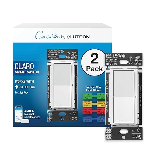 Lutron Claro Smart Light Switch for Caseta Lighting, for LED Lights, Fans, 5 Amp, Single-Pole/3-Way, Neutral Required, DVRF-5NSS-WH-2, White, 2 Pack