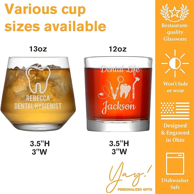 Custom Engraved Whiskey Glass - Personalized Dentist Gifts, Graduation Gift for Dental Student, Birthday Appreciation Gift for Dentist Assistant Hygienist Medical Graduate (Whiskey, Dentist)