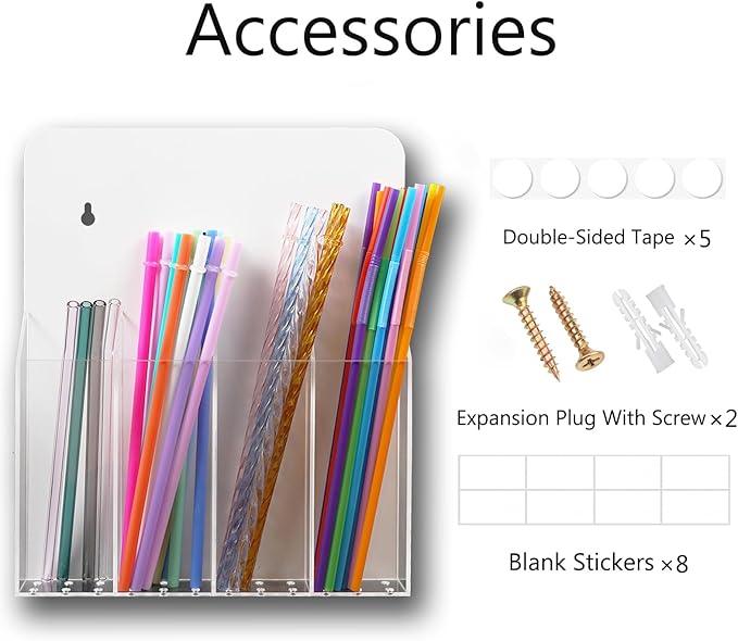Acrylic Straw Holder for Cabinet Door Large Capacity 12"x10" Reusable Tumbler Drinking Straws Organizer Dispenser Storage for Cupboard with Ultra Sticky Adhesive Squares and Stickers