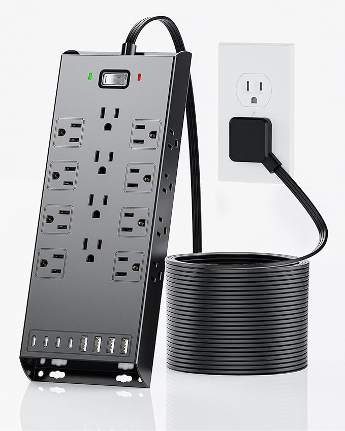 Surge Protector Power Strip 4800J, LeZone 10Ft Long Extension Cord Flat Plug, 20 Outlets 8 USB Ports(4 USB-C), Wall Mountable, Desk Charging Station, Black