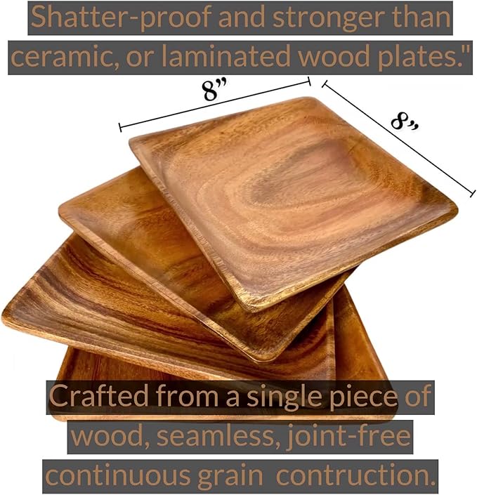 Wooden Plates Set of 4 – 8” Square Acacia Wood Plates, Rustic Salad, Side Dish, and Dessert Dinnerware for Snacks, Appetizers, or Wooden Chargers