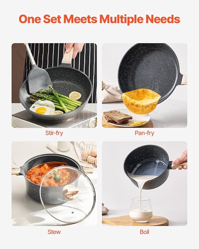 VEVOR 19 Piece Pots and Pans Set, Granite Nonstick Cookware Set, Induction Cookwares, Kitchen RV Cooking Sets with Frying, Sauce, Saute, Tempered Glass Lids, and Pan Protectors, Black