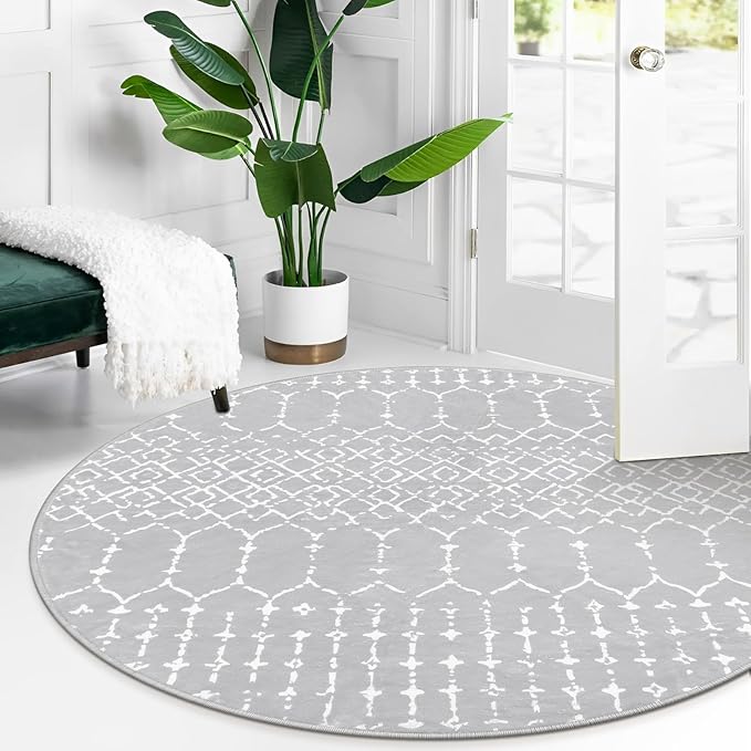 Lahome Moroccan Washable Round Rug - 4Ft Round Area Rugs for Bedroom Non-Slip Grey Stain Resistant Round Kitchen Rug, Modern Geometric Print Indoor Floor Circle Carpet for Entryway Living Room Sofa