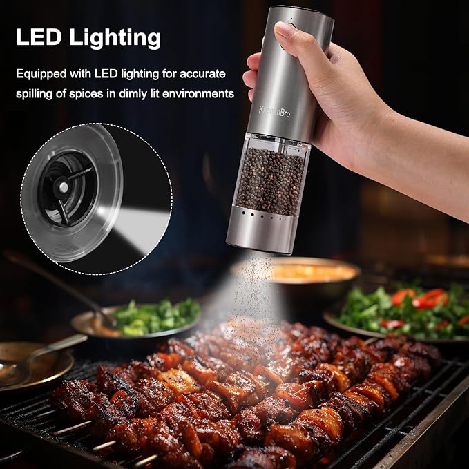Electric Salt and Pepper Grinder 6 Levels Adjustable Coarseness Refillable Stainless Steel Auto Salt and Pepper Grinder Mill Usb Rechargeable with Lights(1Pack)