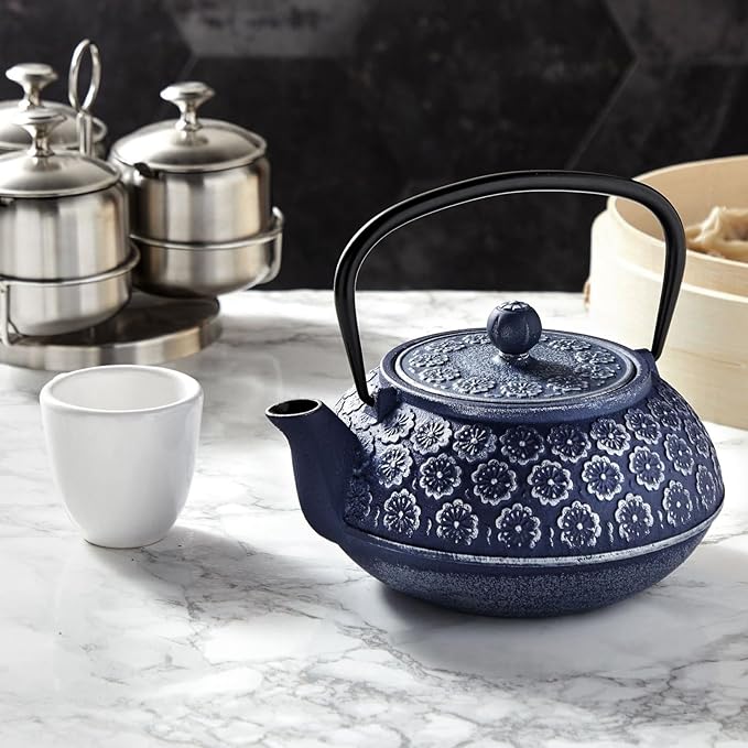Juvale Japanese Cast Iron Teapot with Infuser & Stovetop Tea Kettle - 34 oz, Blue - Heat Retention, Removable Lid & Fold-Down Handle