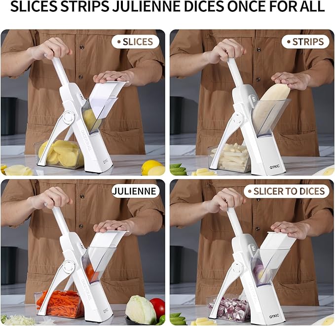 Safe Mandoline Slicer,Vegetable Potato Slice Food Cutter for Kitchen,Thickness Adjustable Upright Veggie Chopper for Fast Meal prep (White)