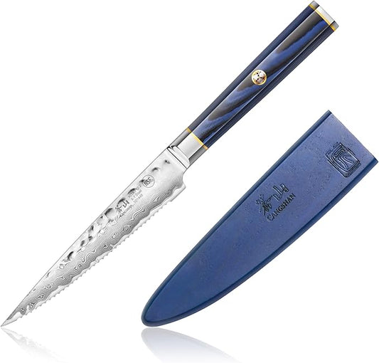 Cangshan KITA Series 5-Inch Serrated Utility Knife with Sheath, High Carbon X-7 Damascus Steel, 501448