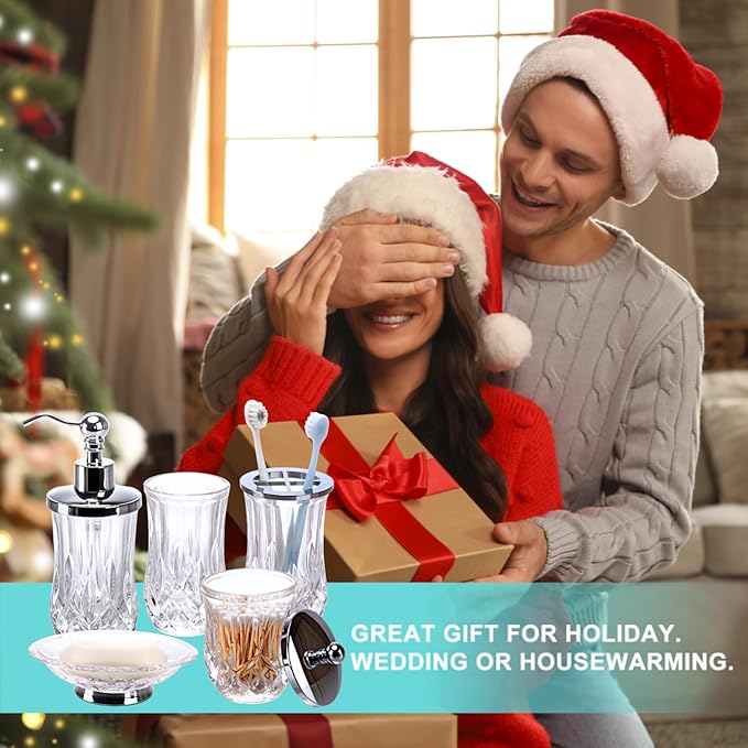 Bathroom Accessories Set,5 Pcs Clear Glass Bathroom Accessory Set,Complete Lotion Soap Dispenser,Toothbrush Holder,Soap Dish,Tumbler & Jar,Modern Bathroom Decor Sets,Gift for Home Apartment,Round