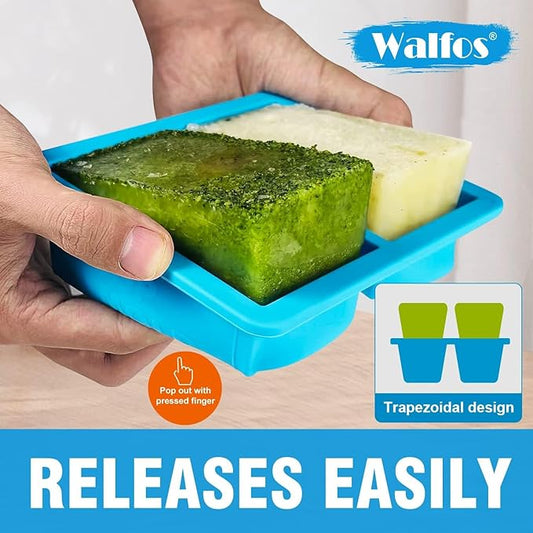 Walfos Silicone Soup Freezer Container, 1.5-Cup Soup Freezer Cube Tray with Lid Prevents Freezer.Soup Freezer Molds.BPA FREE and Dishwasher Safe.Silicone Mold for Soup and Food Storage -blue- 3-Pack