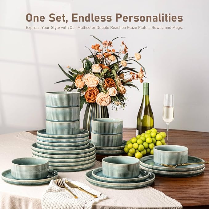 GBHOME Stoneware Dinnerware Sets for 4,Round Reactive Glaze Ceramic Plates and Bowls Set,Highly Scratch Resistant | Dishwasher & Microwave Safe Dishes Set,Service for 4(12Pcs),Malachite Green