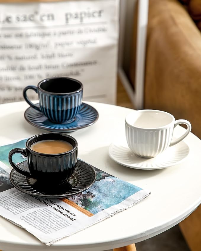 Hasense 4 Oz Espresso Cups with Saucers Set of 6, Ribbed Cappuccino Cups Ceramic for Coffee,Espresso,Double shot,Latte and Macchiato, Demitasse Cups Set Aesthetic Gift, White