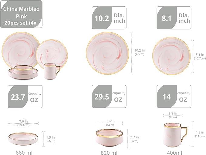20 Piece Plates and Bowls Sets, Fine China Artisan Marbled Dinner Set for 4, Dishwahser Safe, Scratch Resistant, Pink with Gold Line