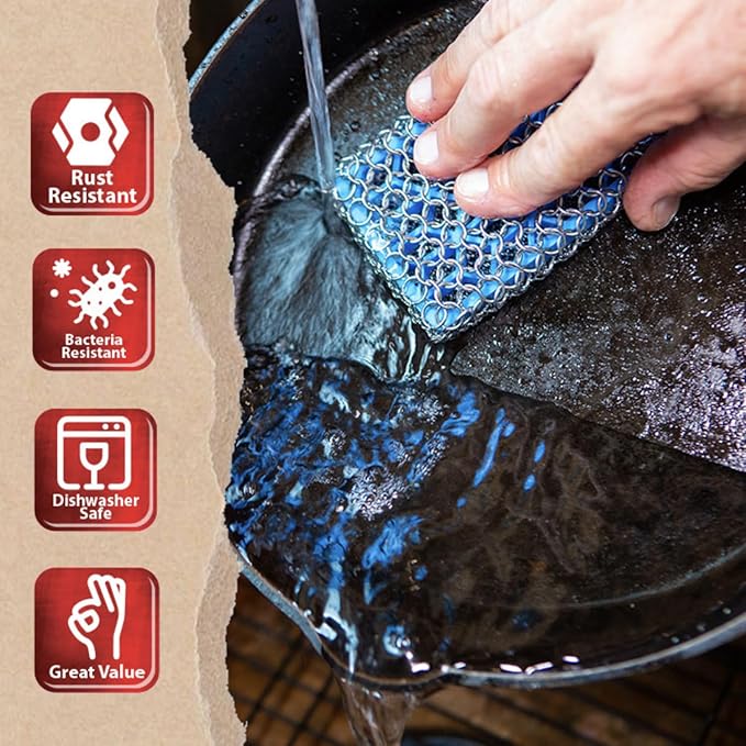 Knapp Made Combo Chainmail Cast Iron Scrubber with Silicone Core - Heavy Duty Rings and Fine Chainmail Rings -Premium Cast Iron Cleaner Chainmail Scrubber -Perfect for Cast Iron Cookware,Skillet,Woks