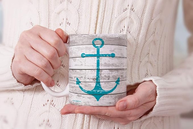 MUGBREW White Rustic Wood Anchor Ceramic Coffee Mug Tea Cup, 11 OZ