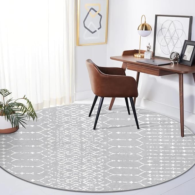 Lahome Moroccan 5Ft Round Rug - Machine Washable Round Bedroom Carpet Grey Non-Slip Throw Circle Rugs for Living Room Low-Pile Large Round Rug, Modern Geometric Print Carpet for Office Dining Room