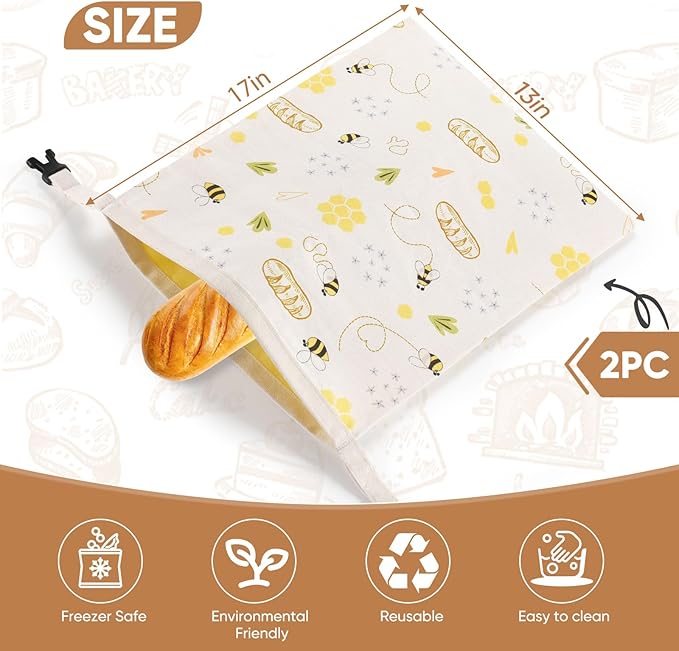 Beeswax Bread Bags for Sourdough, 2 Pack Reusable Bees Wax Bread Bag for Homemade Bread, Natural Beeswax Cotton Food Storage Bag to Keep Fresh(17"×13")