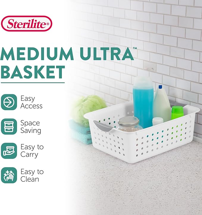 Sterilite 12-Pack Medium Ultra Basket, Open Top Plastic Storage Organizer, White - Classic Baskets for Organizing Countertops, Pantry Shelves, Kitchen Cabinets, Laundry Rooms or Home Offices