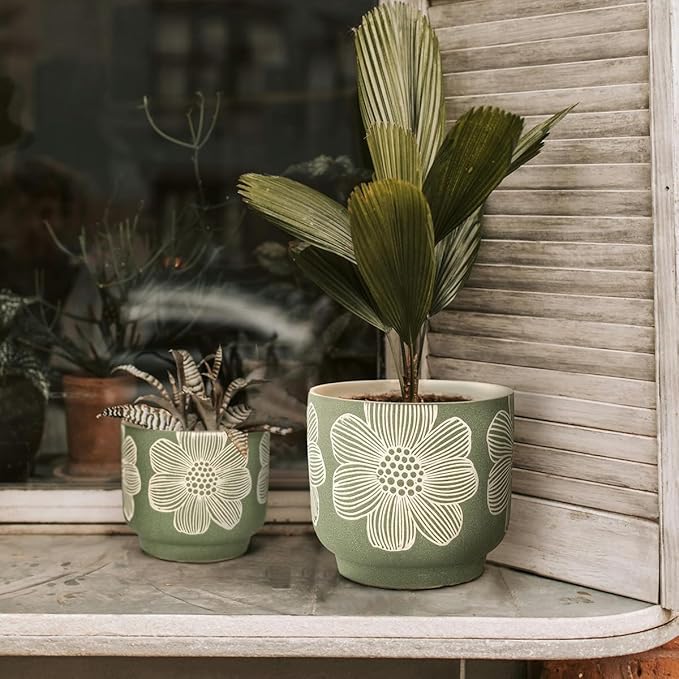 YBX 8 Inch + 6 Inch White Flower Pattern Plant Pots, Sand Glazed Ceramic Planter with Drainage Hole, Flower Pots for Indoor Plants, Tan & White