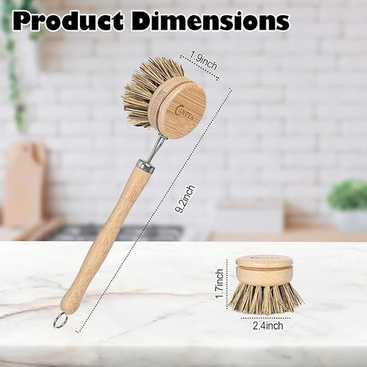 Bamboo Dish Scrubber with Handle 4 Replacement Heads, Natural Kitchen Scrub Brush,Sustainable & Biodegradable, Bamboo Dish Brush for Cleaning Cast Iron Pan/Pot(Hard Bristles)