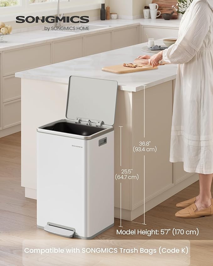 SONGMICS Trash Can, 13-Gallon Gabbage Can, with 15 Trash Bags, Steel, with Soft-Close Lid, Removable Inner Bucket, Handles, Cloud White ULTB595W01V1