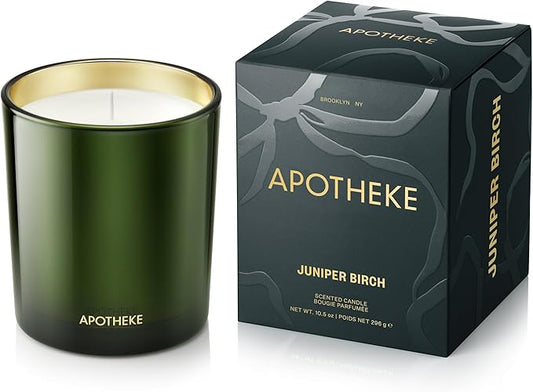Apotheke Signature Scented Candles for Home, Juniper Birch - 10.5 oz - Soy Wax, Non Toxic, Large Jar Green - Luxury Candle Gifts for Women & Men - Clove, White Pepper, Fir Balsam, & Amber