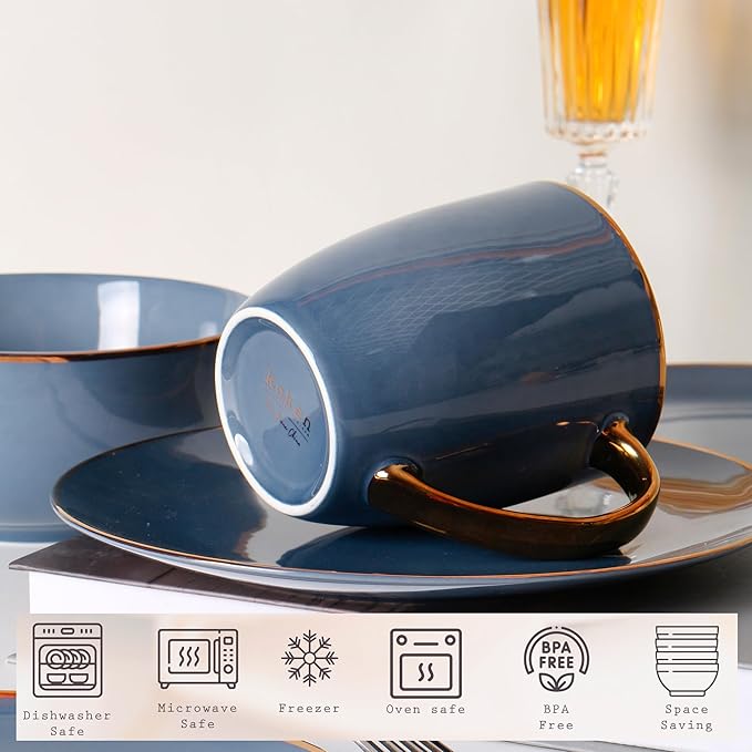 KOKEN - 16 Pc Bone China Dinnerware Sets – Grey china dinnerware set - Plates and Bowls Sets Dishes Set for 4 – Kitchen Plates, mugs, Bowls - Microwave safe china sets for home - Dining set, Blue
