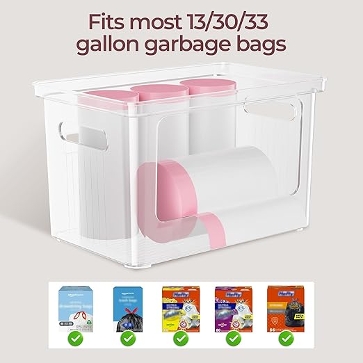 Delamu 2 Pack Acrylic Trash Bag Holder, Stackable Garbage Bag Dispenser with Bamboo Lid, Clear Organizer Bins for Under Sink Organization, Pantry Storage, Cabinet, Kitchen, Laundry, Bathroom