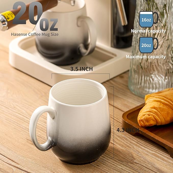 HASENSE Porcelain Coffee Mugs 20oz, Large Tea Cups with Big Handle for Office and Home, Latte Mug for Women and Men as Honliday Gifts, Dishwasher and Microwave Safe, 2PCS(Gradient Black)