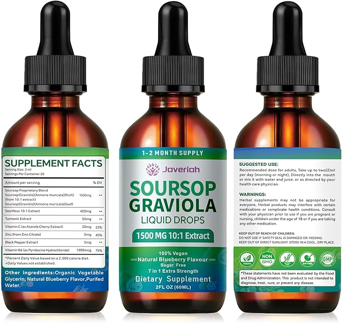 Soursop Graviola Liquid Drops Supplement with Sea Moss Extract, Soursop Bitters Liquid Graviola Leaves Extract 2 Month Supply 60ML