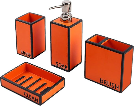 Hymmah Bathroom Accessories Set,Toothbrush Holder,Farmhouse Bathroom Decor,4 Pcs Resin Gift Set Apartment Necessities, Contain Toothbrush Cup,Soap Dispenser,Soap Dish,Tumbler Orange