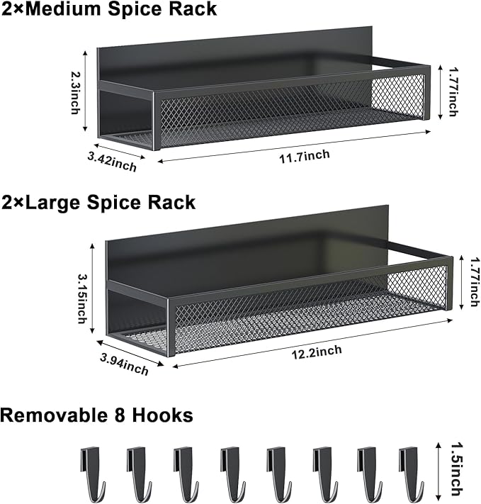 Magnetic Spice Rack for Refrigerator, 4 Pack Magnetic Shelf, Fridge Magnet Organizer with Moveable 8 Hooks, Magnetic Fridge Shelf for Kitchen Organization and Storage (4 Pack)