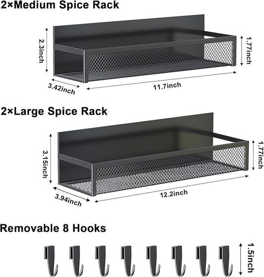 Magnetic Spice Rack for Refrigerator, 4 Pack Magnetic Shelf, Fridge Magnet Organizer with Moveable 8 Hooks, Magnetic Fridge Shelf for Kitchen Organization and Storage (4 Pack)